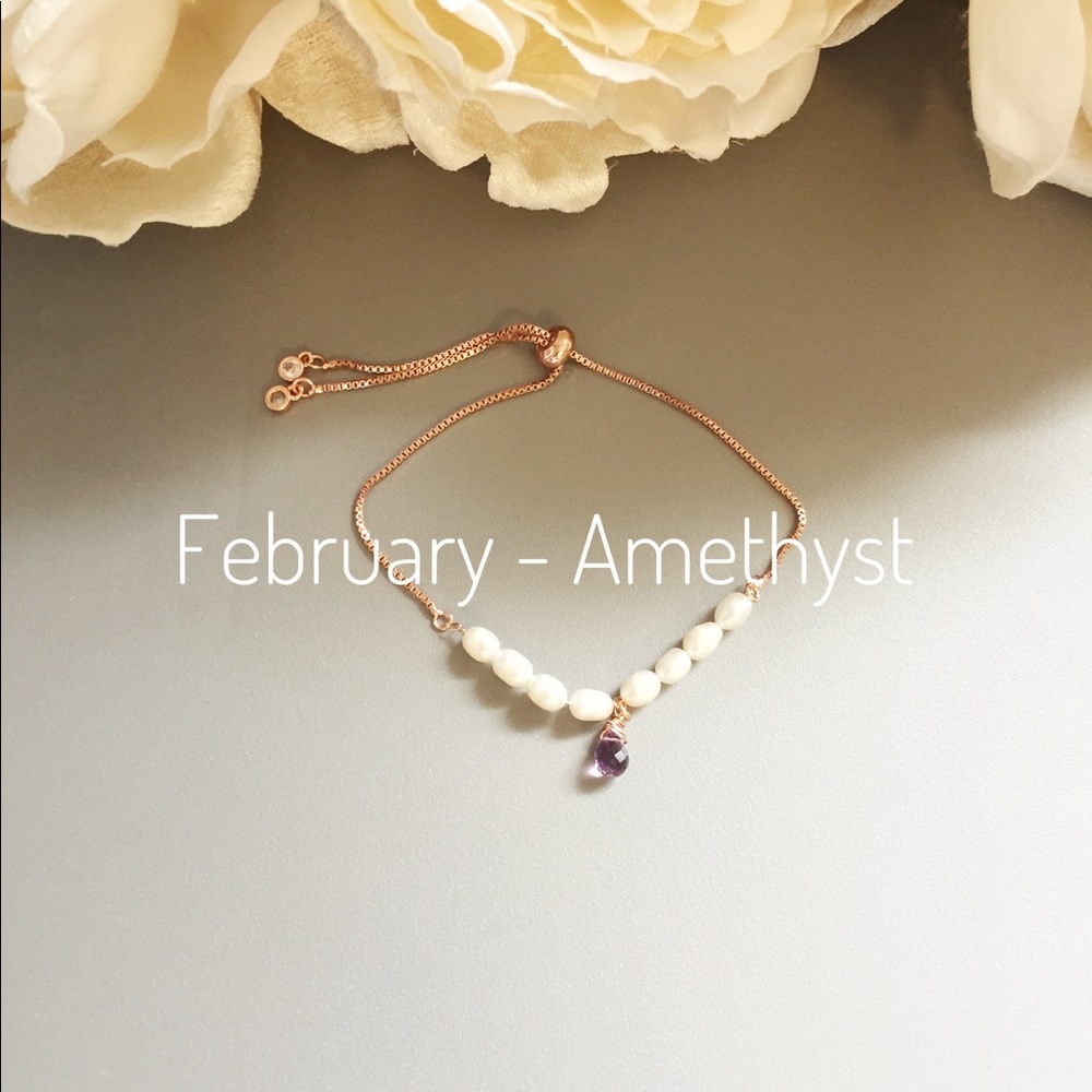 Rose Gold Adjustable Bracelet with Amethyst drop